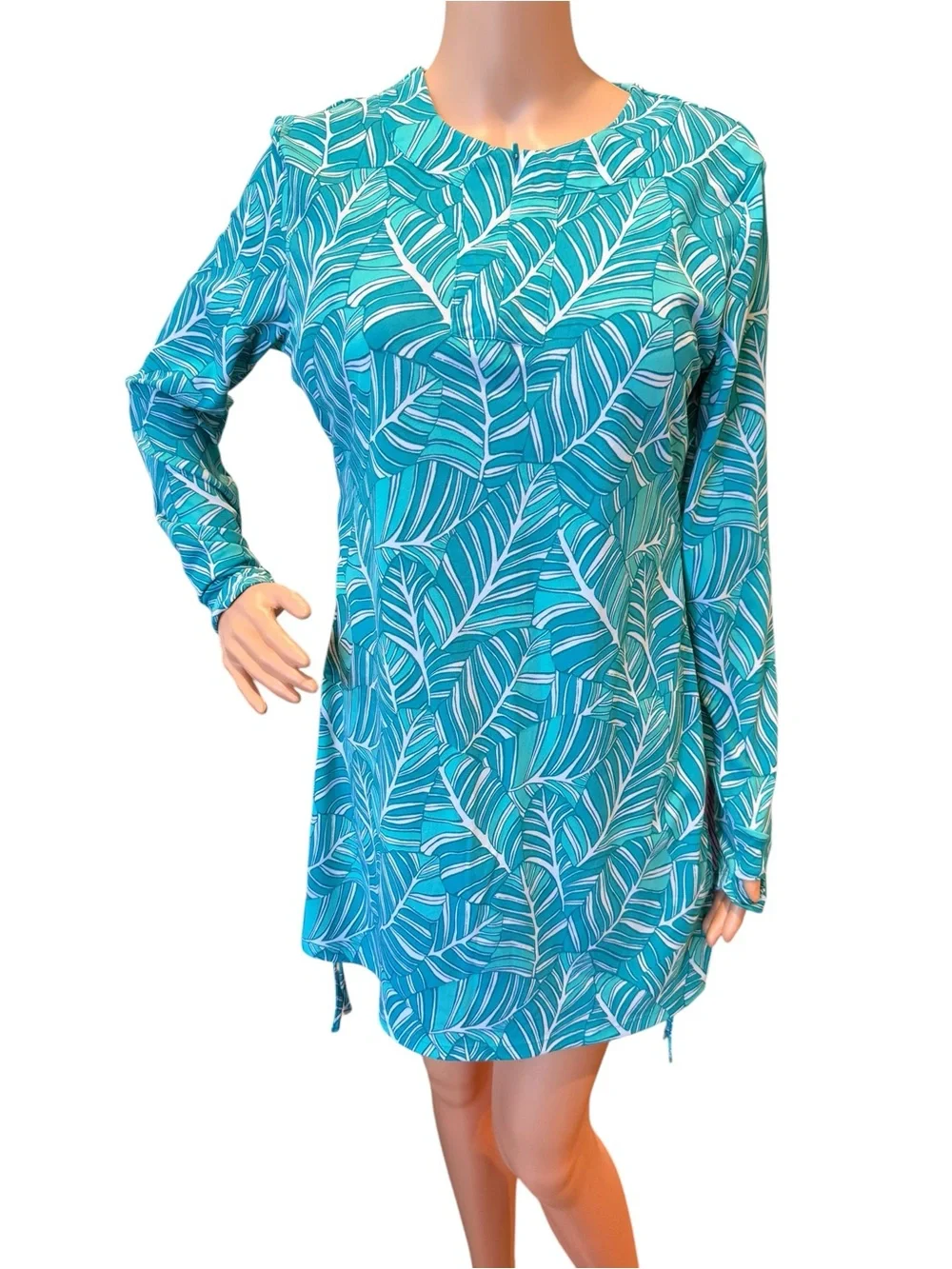 Coolibar Hokulani Blue Leaf Print  Swim Shirt Coverup Dress UpF 50+ Size Medium - Picture 6 of 8